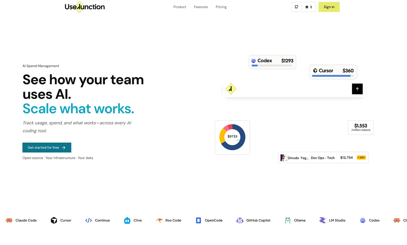 UseJunction dashboard showing AI coding tool usage and operational signals